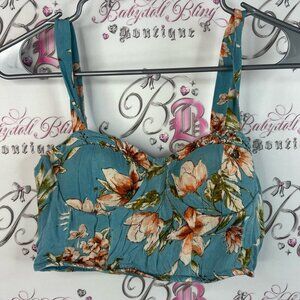 Bog collective cropped tank bustier style smocked back Floral Teal Crop Top